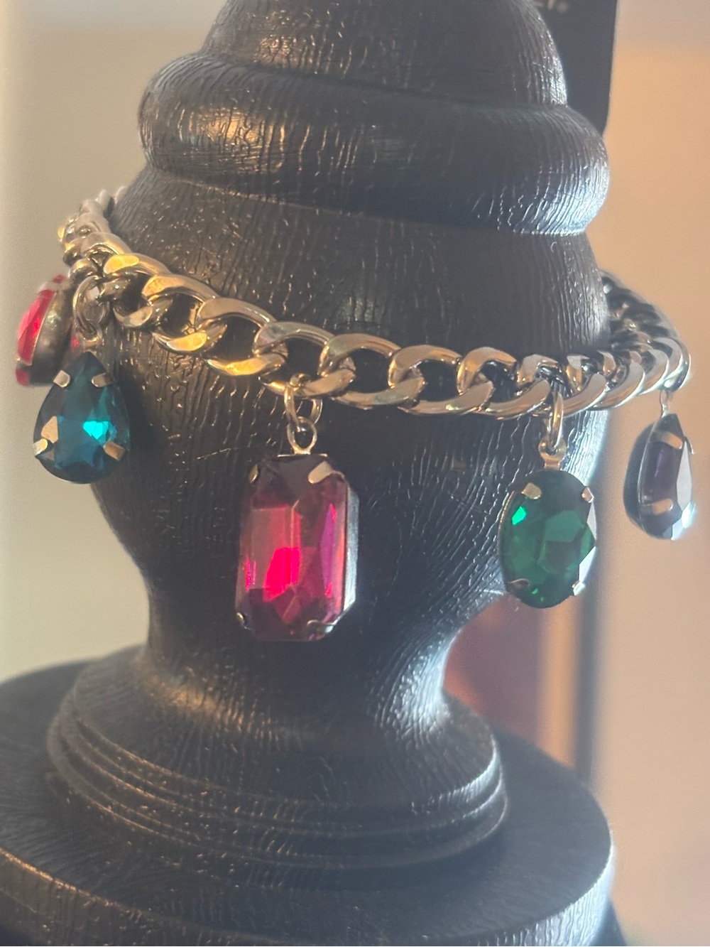 Silver-Tone Chain Bracelet with Red and Emerald Crystal Charms